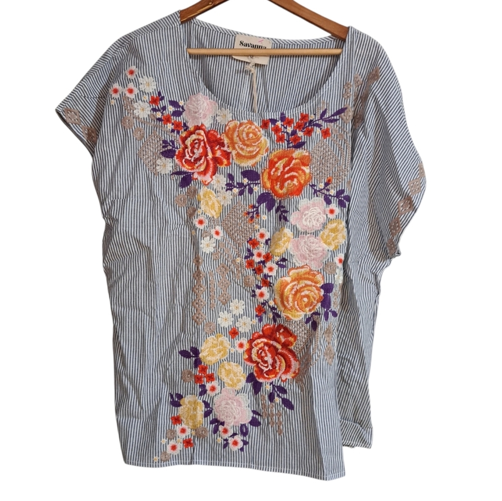Savanna Jane Embroidered Blouse Top Floral Pinstriped Boho Womens 3X